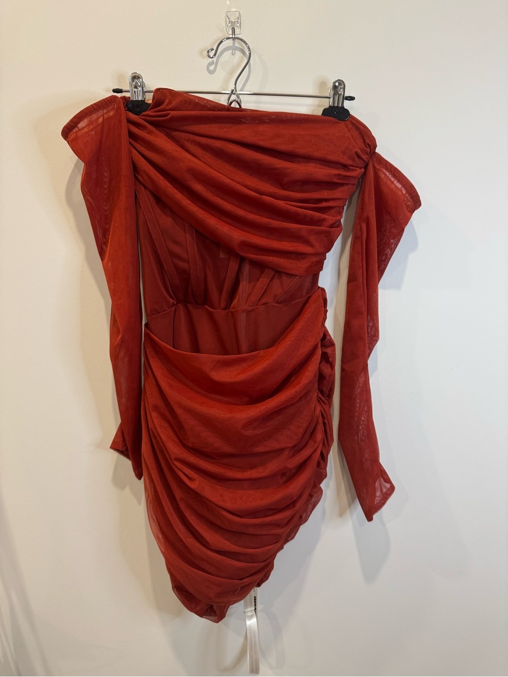 Mistress Rocks Rust Red Ruched Off Shoulder Mini Dress Size Small 0746 - Picture 2 of 13
